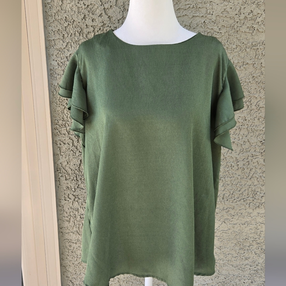 Milk & Honey Classic Olive Green Ruffle Sleeve Blouse